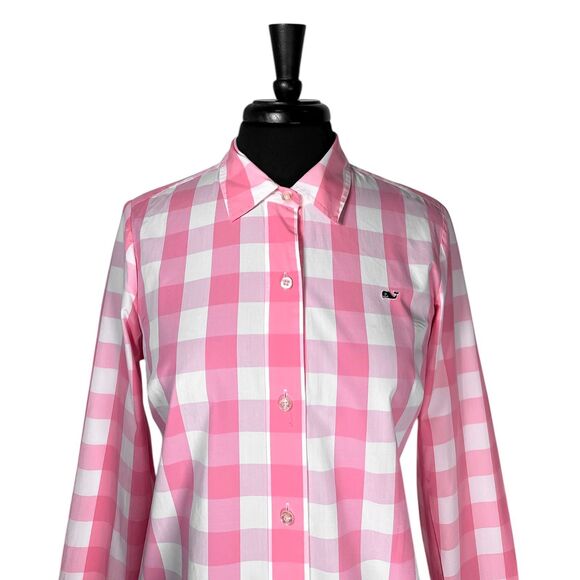 Vineyard Vines Women’s Shirt 8 Pink White Plaid Check Cotton Long Sleeve Preppy - Picture 6 of 10